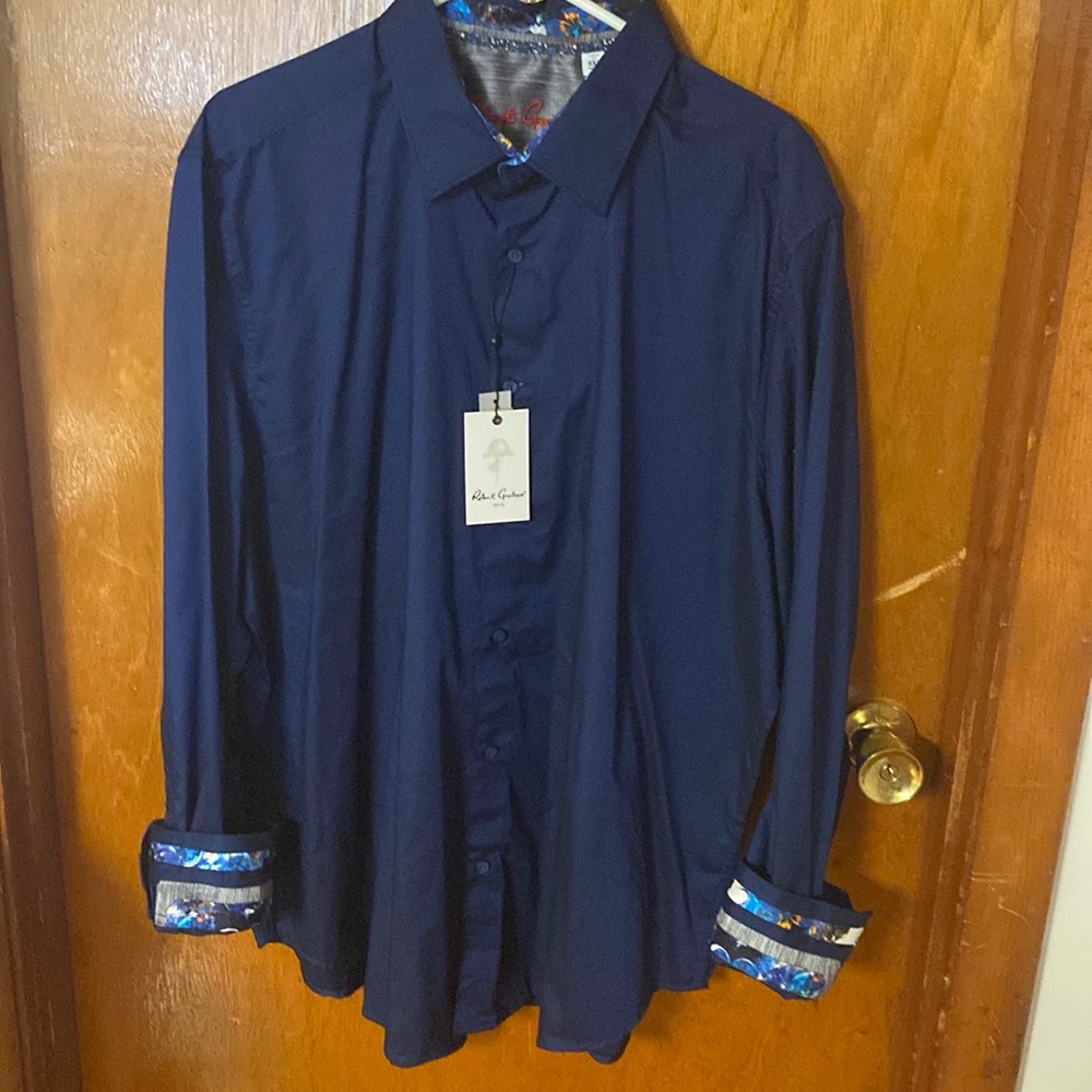 NWT Robert Graham Men’s Casual Button Down Shirt 3XL Dark Blue with Vibrant Cuff